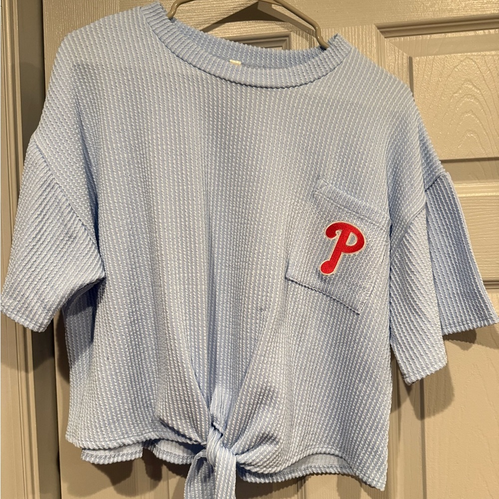 Light Blue Phillies Knit Tie-Front Top, Large